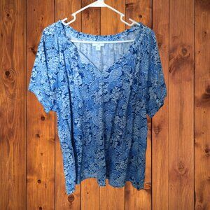J. JILL Women's 2X Short Sleeve Blue Paisley Print Blouse Boho Top Pullover